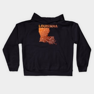 Colorful mandala art map of Louisiana with text in brown and orange Kids Hoodie